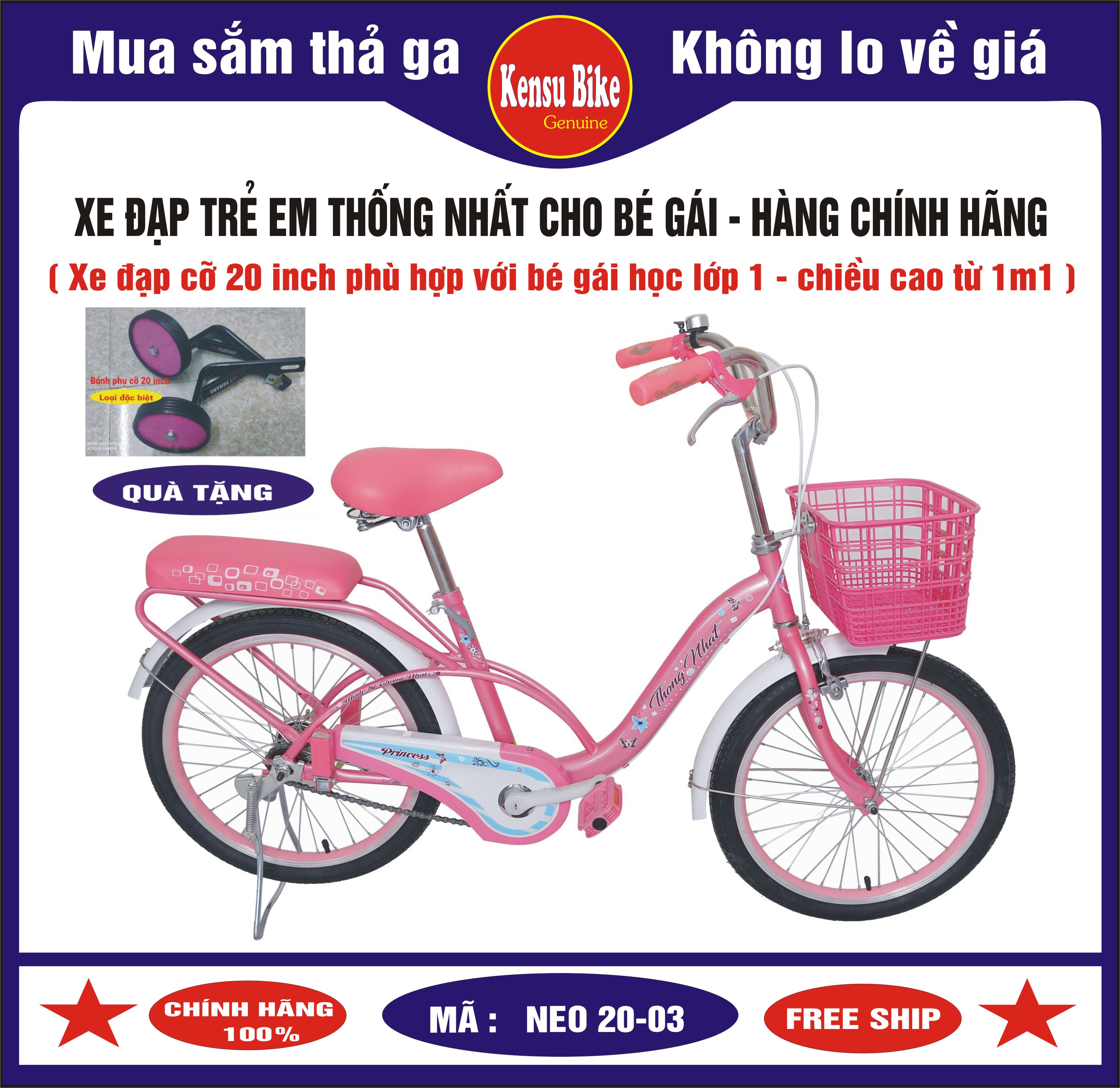 Xe đạp trẻ em từ 7 đến 10 tuổi chính hãng Thống Nhất dành cho bé gái mã Neo 20-03 - cỡ 20 inch - phù