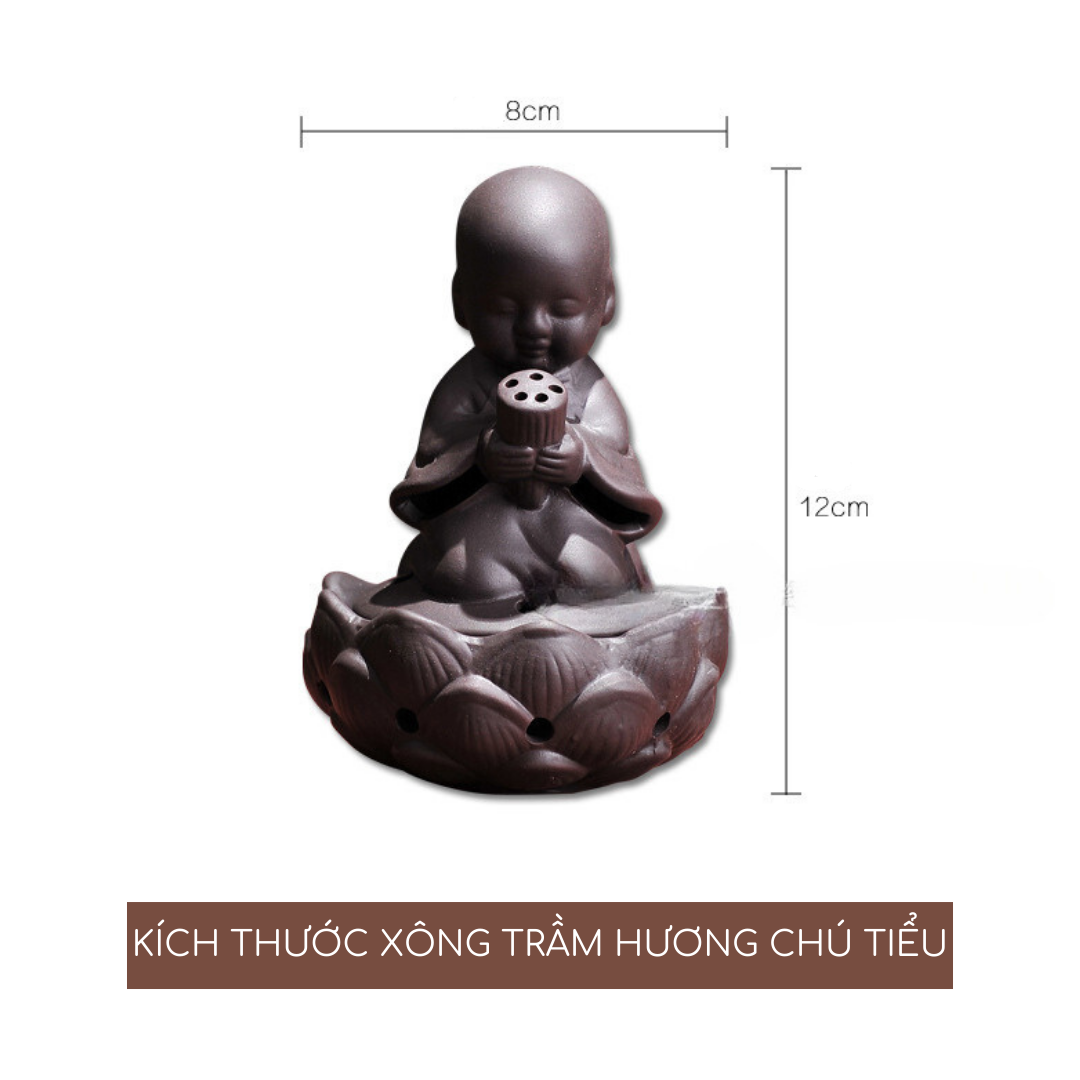 Lư xông trầm hương lư đốt trầm hương thác khói trầm hương họa tiết chú tiểu hoa sen bằng gốm tử sa c