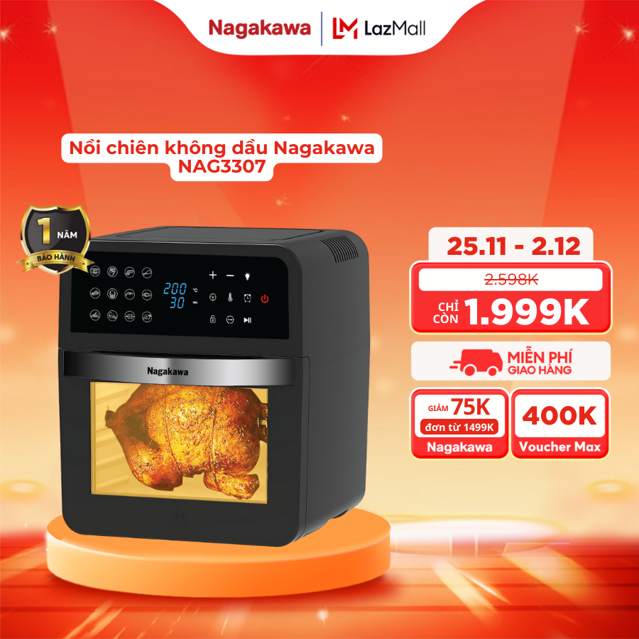 [HÀNG THANH LÝ] Nồi chiên không dầu Nagakawa NAG3307 dung tích 12L 12 chương trình nấu công nghệ chi