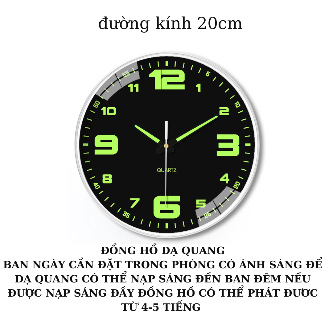 Đồng hồ treo tường dạ quang phát sáng kim trôi không tiếng động quazt đường kính 20cm 30cm