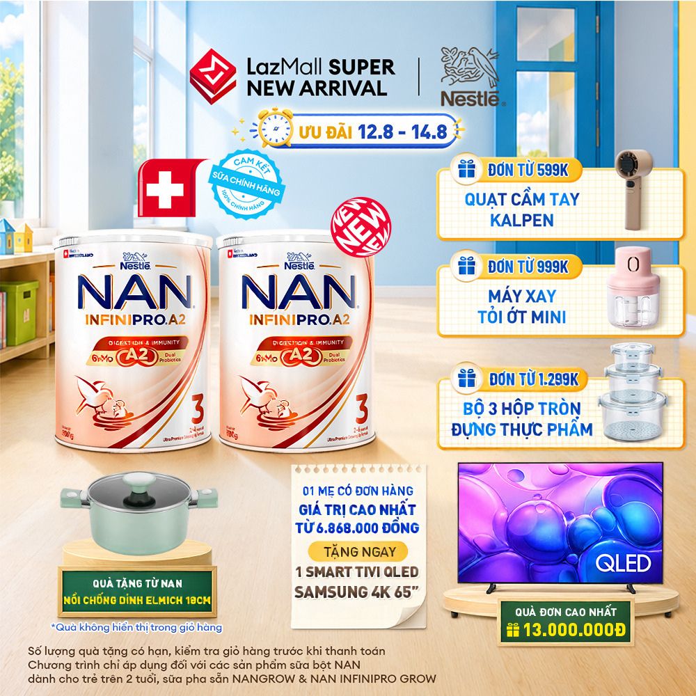[CHỈ 12-14.08 QT ĐƠN 599K/999K/1299K][Tặng Nồi chống dính elmich 18cm] Combo 2 lon Sữa bột Nestle NAN INFINIPRO A2 3 800g Cho Bé 2 - 6 Tuổi Có Đạm A2 6HMO & Lợi Khuẩn Kép hỗ trợ tiêu hóa đề kháng