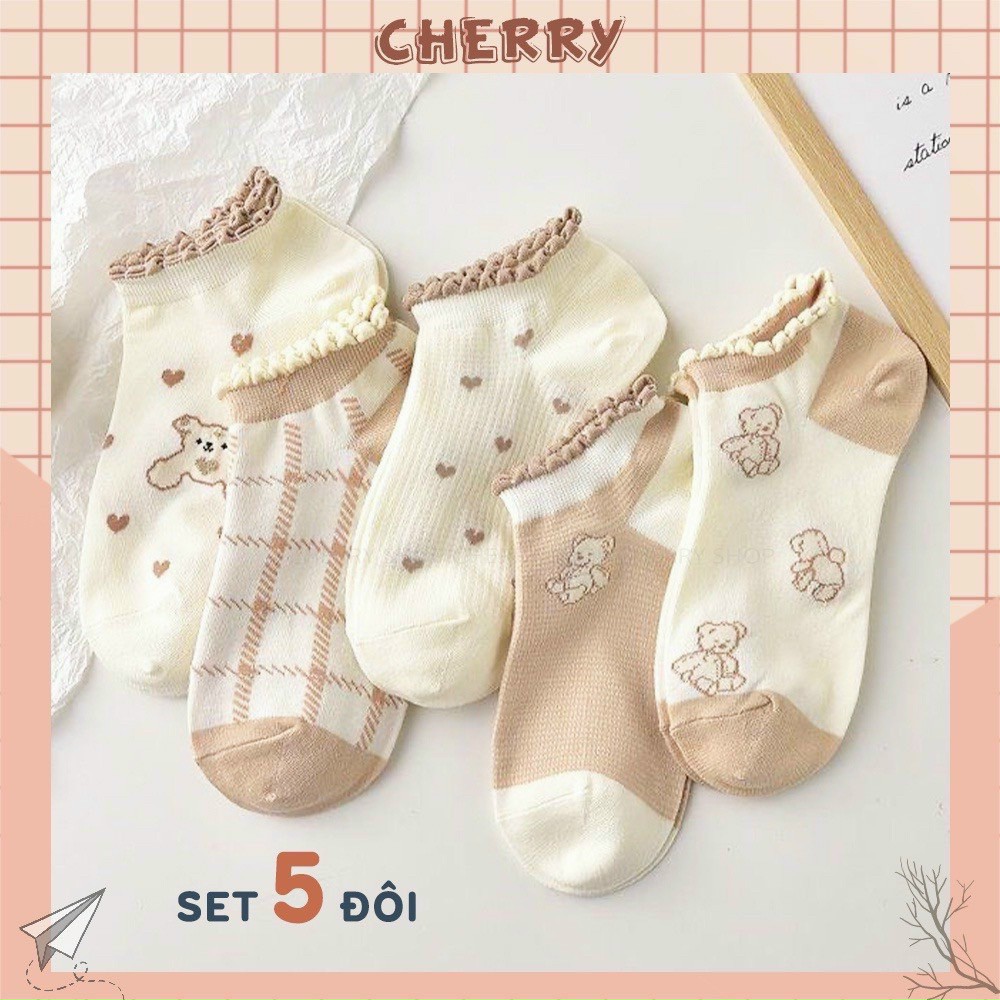 [Hoàn Tiền 15%] Vớ Cotton Cổ Thấp Thoáng Khí Phong Hàn Quốc Dễ Thương Cho Nữ tất gấu siêu cute.