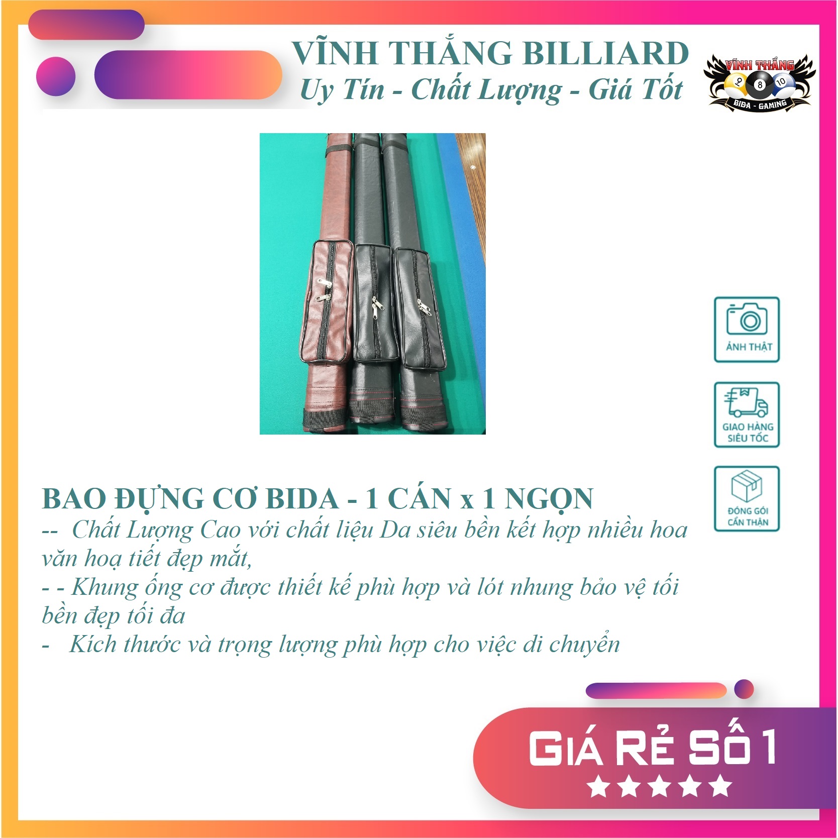 Bao Cơ Bida (Bao Đựng Gậy Bida) - 1x1 1 Cán 1 Ngọn