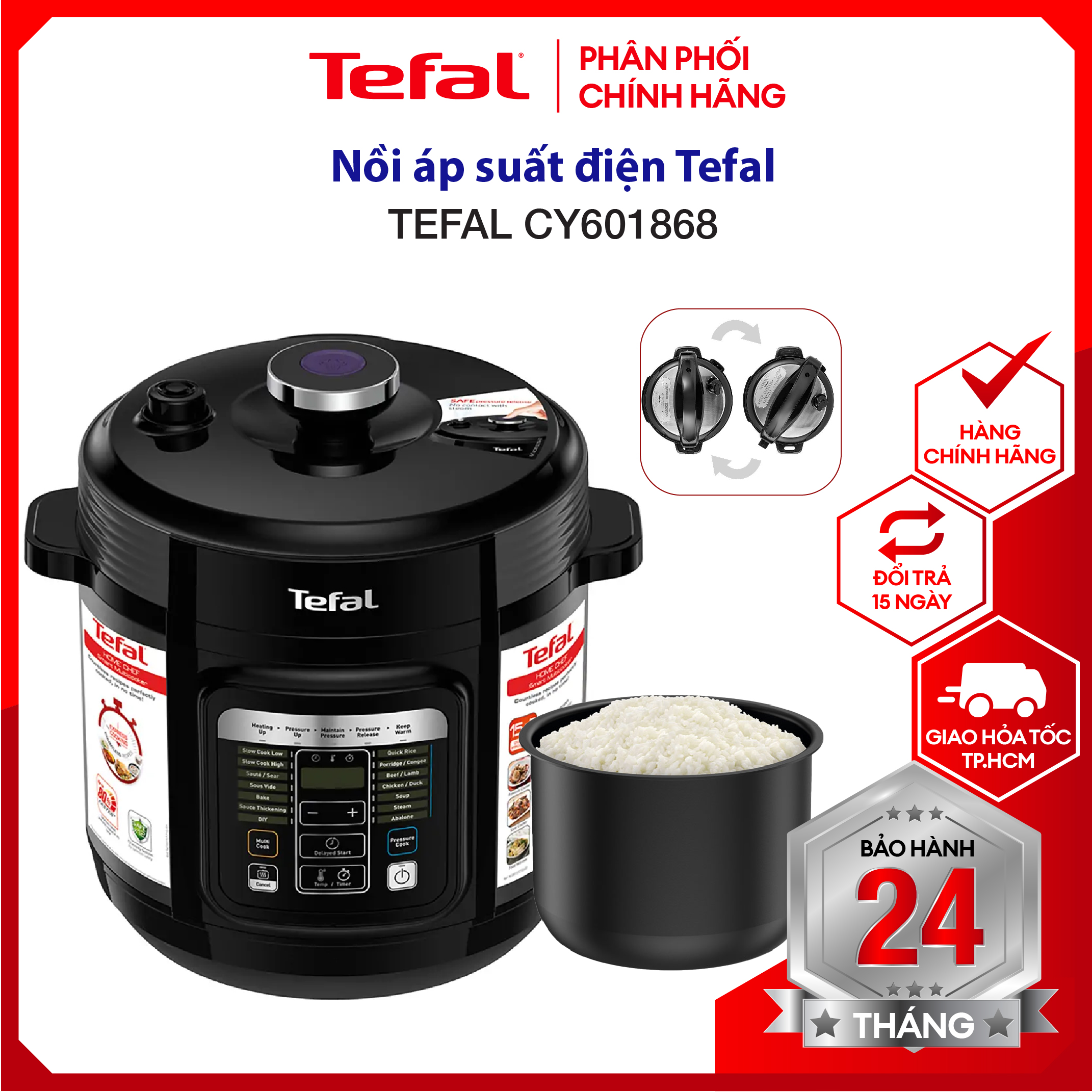 |HỎA TỐC 2H| Nồi áp suất điện Tefal CY601868 - Dung tích 6L  thiết kế van xả áp an toàn tránh bỏng h