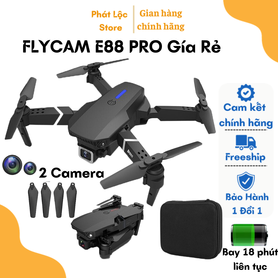 Flycam Mini Giá Rẻ Drone E88 MAX Fly cam Động Cơ Không Chổi Than Play Camera Cao Cấp 2 Camera 12MP Pin Lithium 1800mAh bay 20 Phút