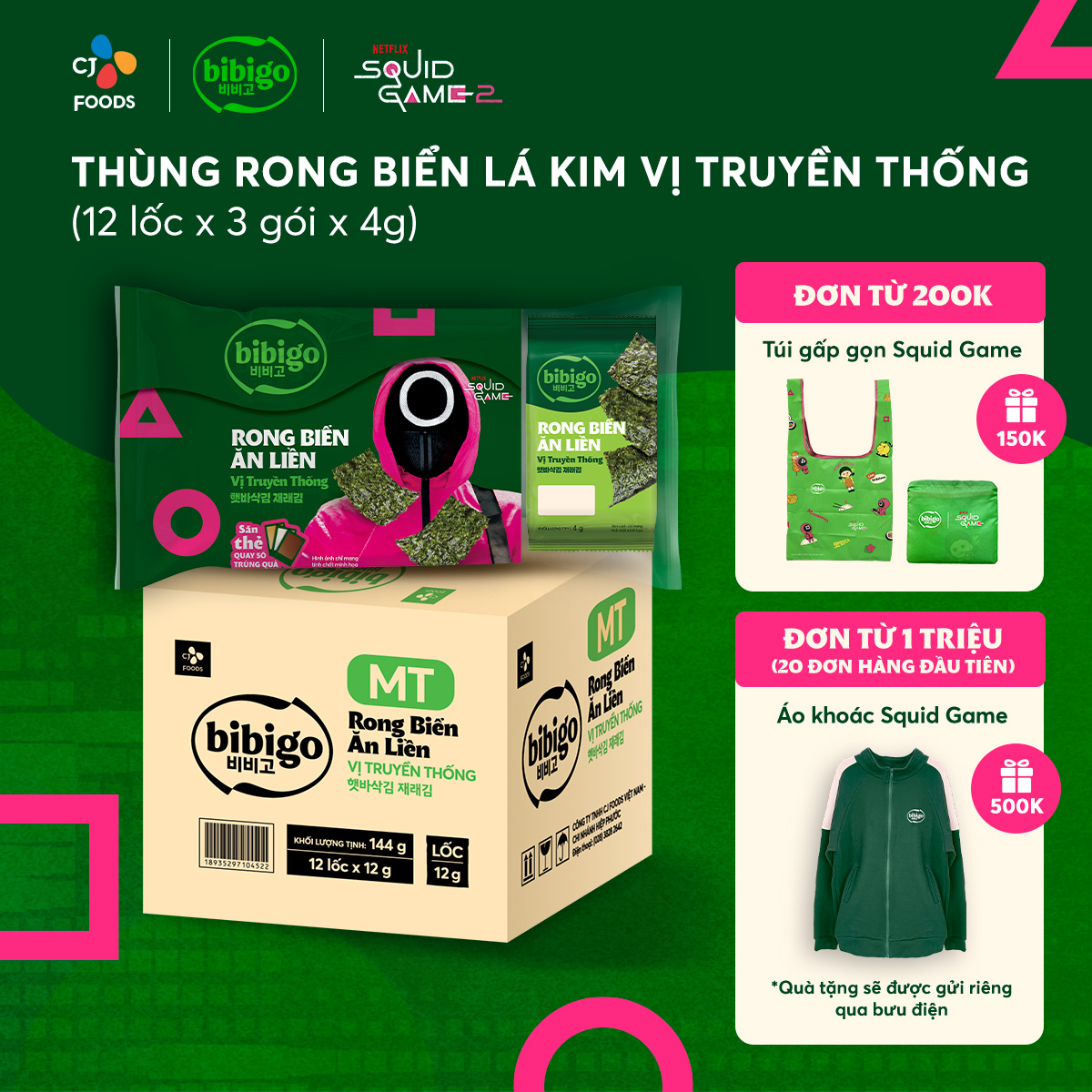 [Squid Game 2] Rong biển ăn liền Bibigo Lá kim vị truyền thống x 6 lốc/12 lốc (1 thùng)