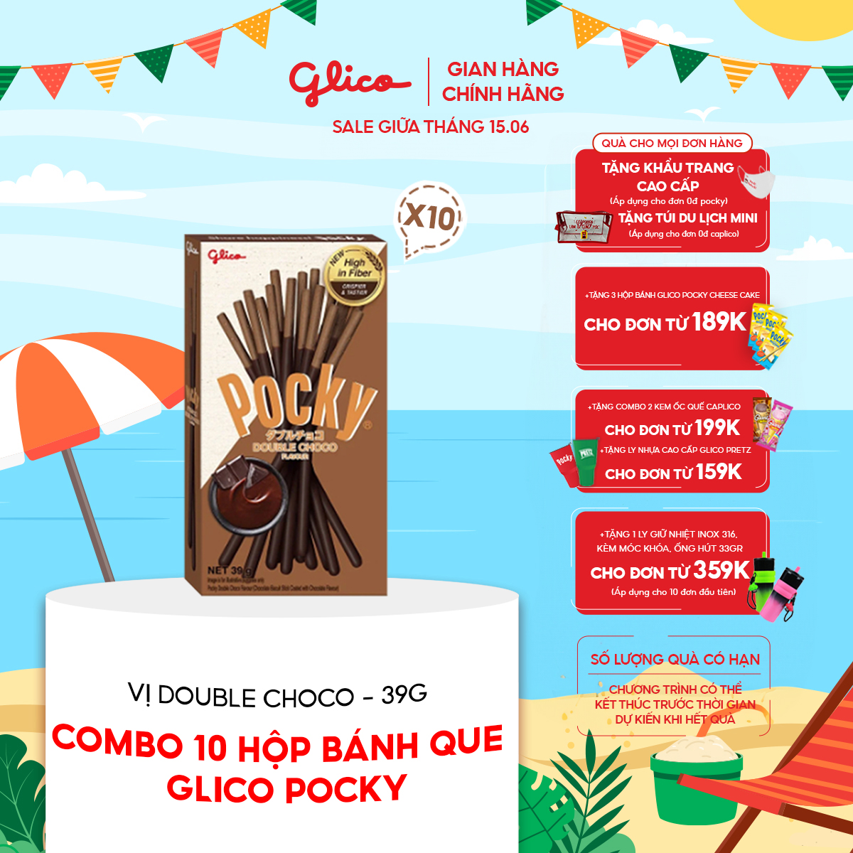 Combo 10 Hộp Bánh Que Socola Glico Pocky Double Choco 39G