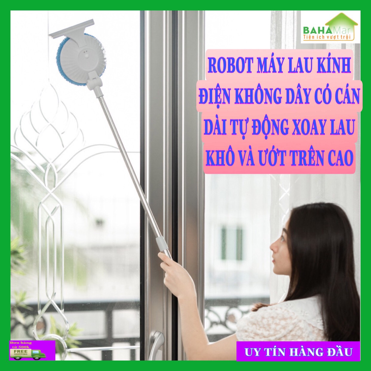 ROBOT MÁY LAU KÍNH ĐIỆN KHÔNG DÂY CÓ CÁN DÀI TỰ ĐỘNG XOAY LAU KHÔ VÀ ƯỚT TRÊN CAO "BAHAMAR" Đầu lau 