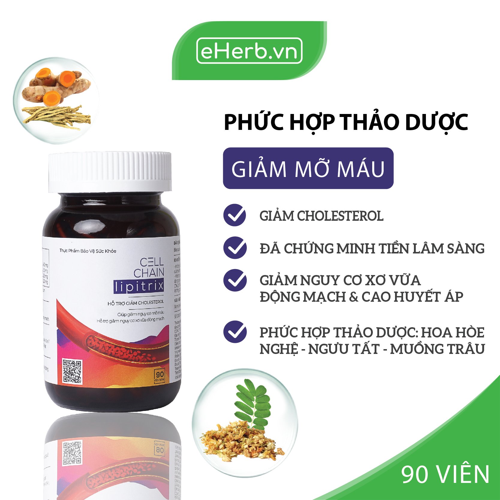 [Hcm]Viên Uống Thảo Dược Hỗ Trợ Giảm Cholesterol Trong Máu: Hoa Hòe Muồng Trâu Nghệ Cellchain Lipitrix 90 Viên (Hũ)