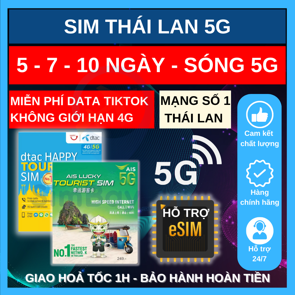 SIM Thái Lan du lịch 3 8 10 16 ngày DTAC AIS TRUE Thailand mạng 4G 5G