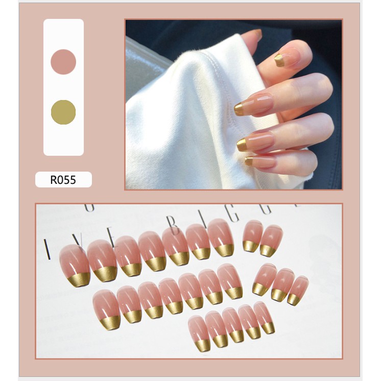 Móng Tay Giả LCR055 – Móng giả màu Hồng Nhũ Vàng Sang Trọng Hộp 24 móng giả kèm keo [Sẵn hàng Hà Nội]