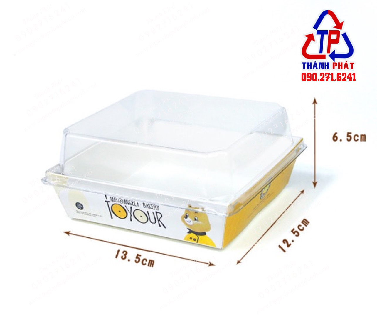 50 Hộp giấy vuông E1413 in hình gấu vàng đựng bánh ngọt - bánh bông lan