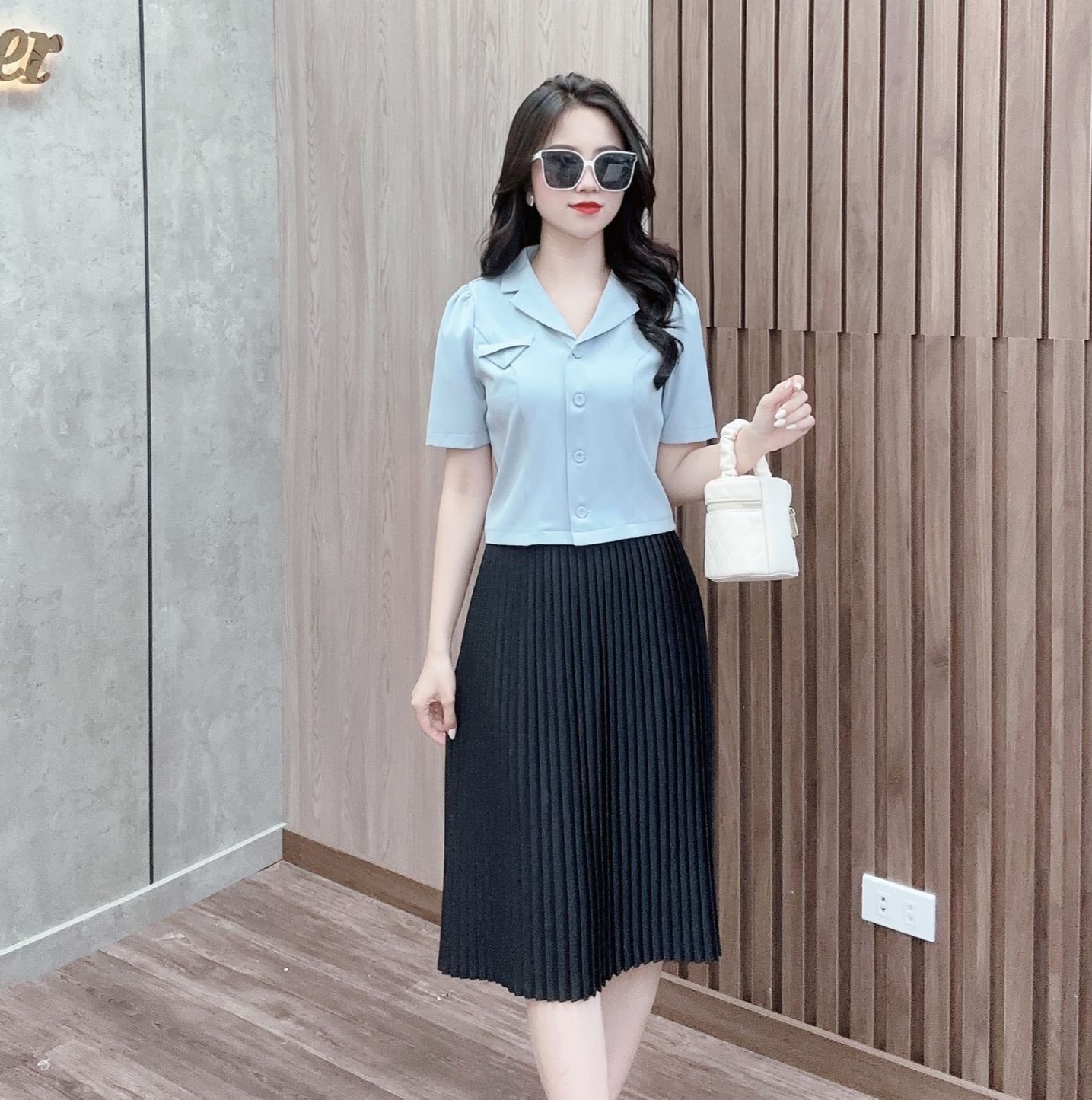 Áo sơ mi nữ dáng Croptop áo sơ mi kiểu nữ cổ Vest ngắn tay chất chéo Hàn mềm mịn thoán