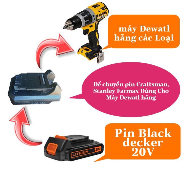 Đế Chuyển Pin Black Decker 20V Dùng Máy Dewalt Hãng 18V In Nhựa Chịu Lực Siêu Cứng - Bộ Chuyển Đổi B