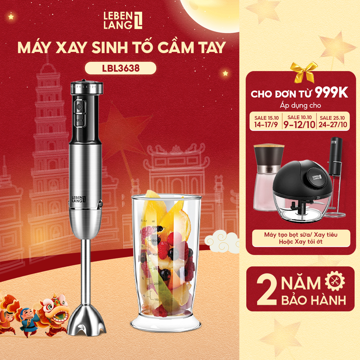 Máy xay sinh tố cầm tay đa năng Lebenlang LBL4589 công suất 1000W bảo hành 2 năm – hàng chính hãng
