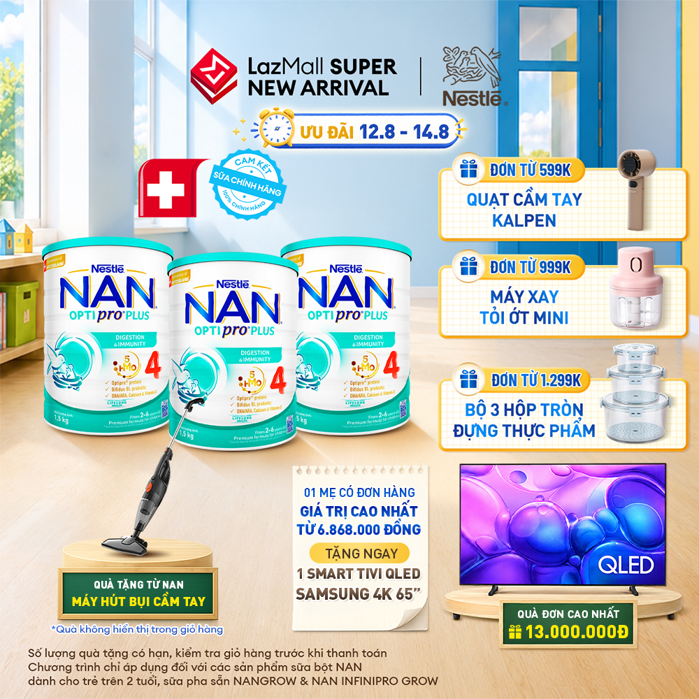 [CHỈ 12-14.08 QT ĐƠN 599K/999K/1299K][Tặng Máy hút bụi cầm tay Gaabor] Bộ 3 lon Sữa Bột Nestlé NAN OPTIPRO PLUS 4 1500g Cho Bé 2 - 6 Tuổi: Công Thức Độc Quyền Nhập Khẩu Từ Thụy Sỹ Chứa Phức Hợp 5-HMO