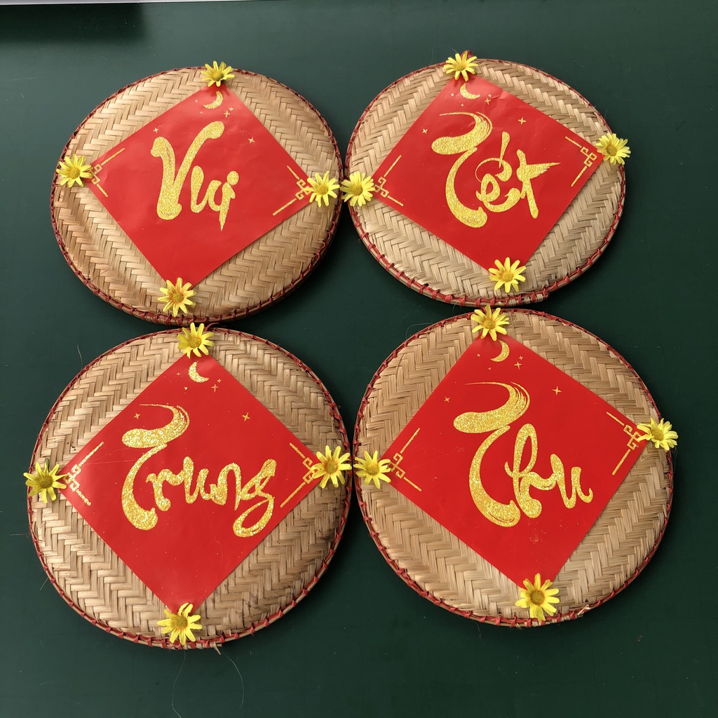 Bộ 4 mẹt tre chữ thư pháp VUI TẾT TRUNG THU treo trang trí Tết Trung thu 2023 chữ phủ nhũ lấp lánh