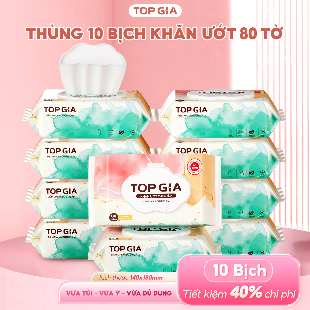 Thùng 10 bịch Khăn ướt cao cấp Topgia 80 tờ mềm mại Khăn giấy ướt không mùi tiết kiệm an toàn cho mọi làn da