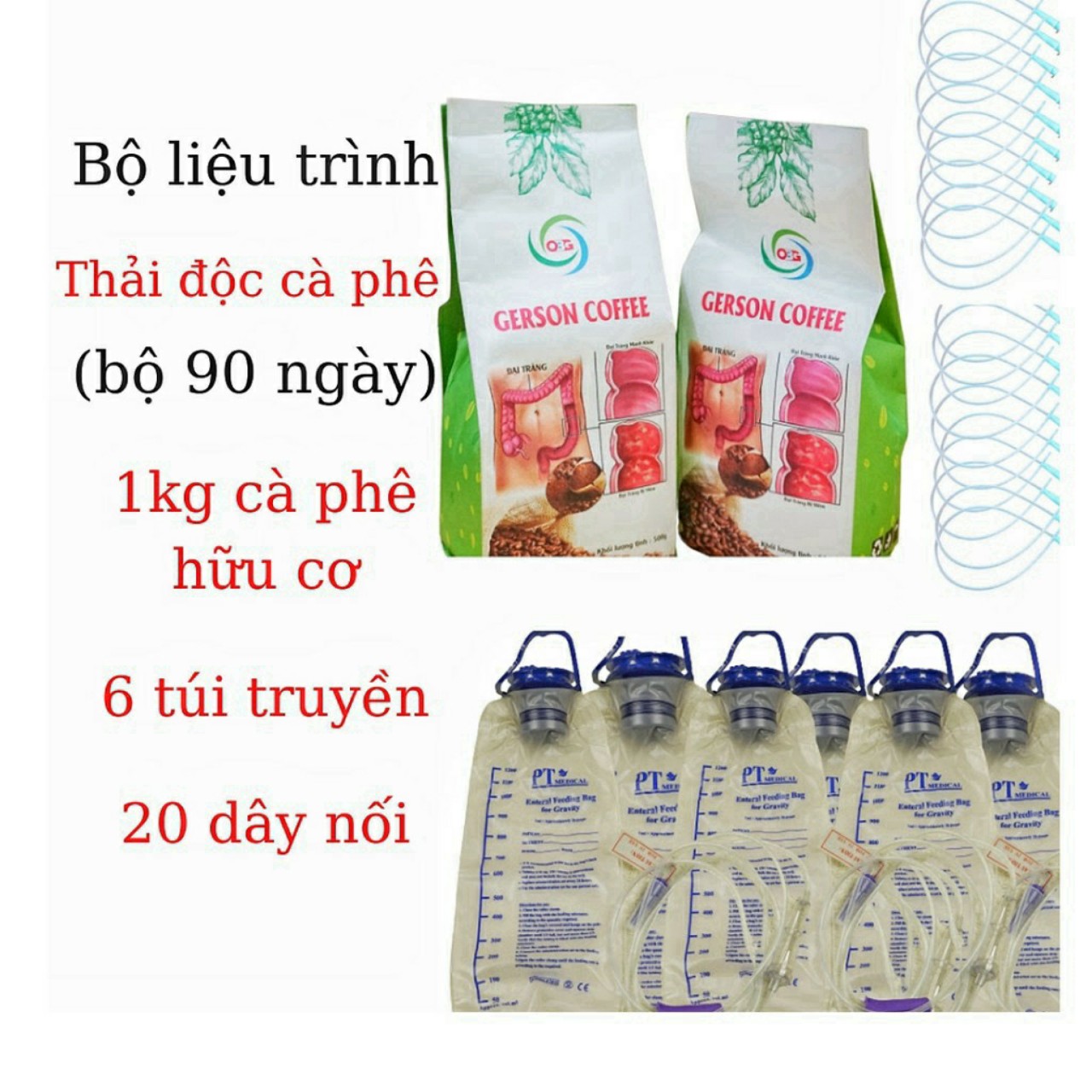 Trọn Bộ Cà Phê Hữu Cơ Thải Độc Đại Tràng Sử Dụng 90 Ngày(2 Gói Cà Phê =1Kg+ 6 Túi Súc Ruột +20 Dây Nối)