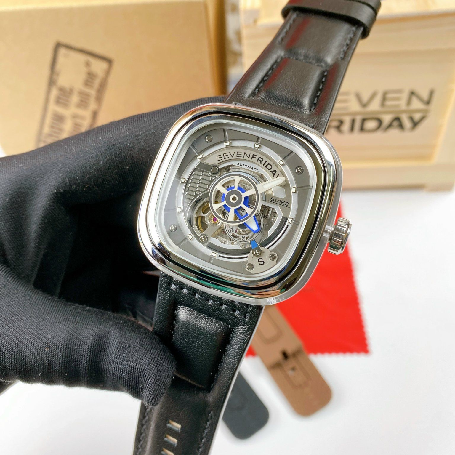 Đồng hồ đeo tay nam máy cơ dây da mặt vuông cao cấp chống nước Sevenfriday SF - S1/01 - A014 size 43