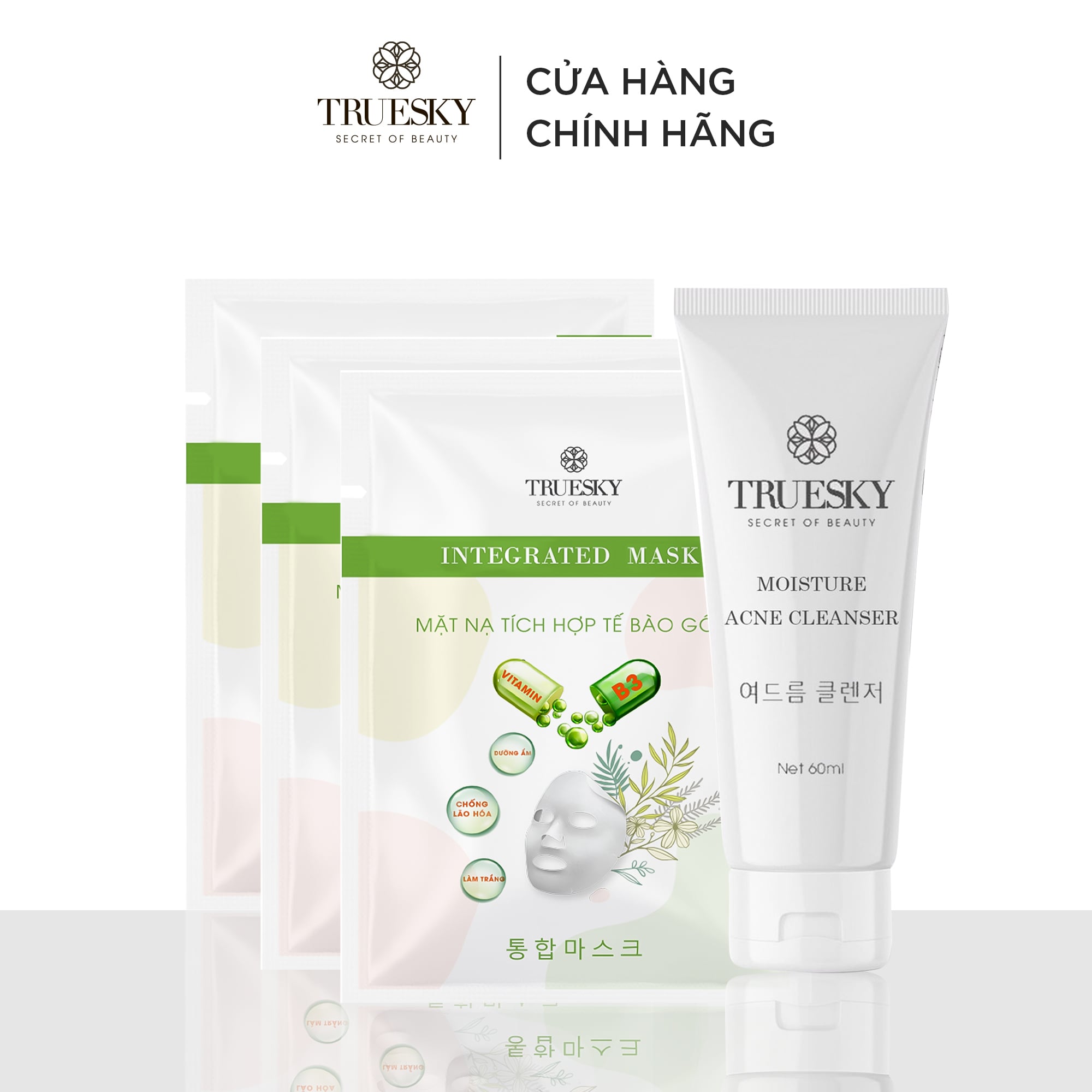 [HCM]Bộ sản phẩm giảm mụn và dưỡng da mặt Truesky M04 gồm 1 sữa rửa mặt ngừa mụn than hoạt tính 60ml & 3 miếng mặt nạ dưỡng trắng da mặt