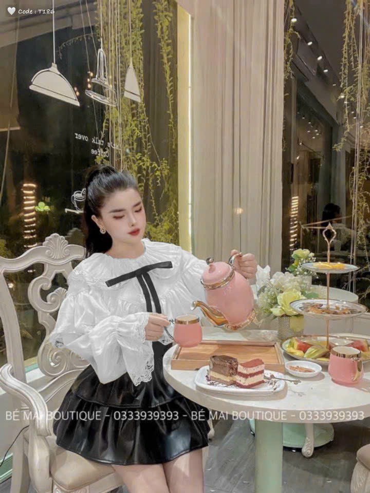 Set áo babydoll tay phồng đính nơ và chân váy xòe tầng set tiểu thư bánh bèo mặc đi tiệc cưới sang c
