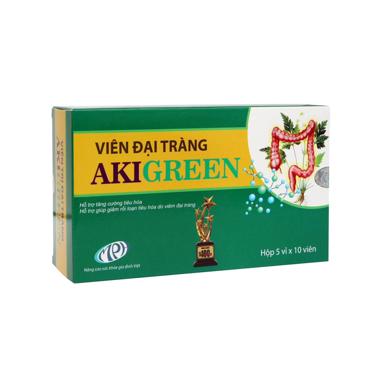 Viên Uống Đại Tràng Akigreen – Giảm Nhanh Các Triệu Chứng Rối Loạn Tiêu Hóa Đầy Bụng Khó Tiêu Đau Quặn Bụng Đi Ngoài Lúc Táo Lúc Lỏng Phân Sống Do Viêm Đại Tràng. Hộp 50 Viên. Sp Chính Hãng