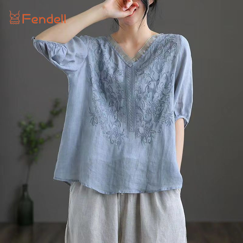 Áo Sơ Mi Cotton Lanh Nữ Tay Ngắn Cổ Chữ V Thêu Hoa Mùa Hè Mới Mỏng Khí Chất áo Rời