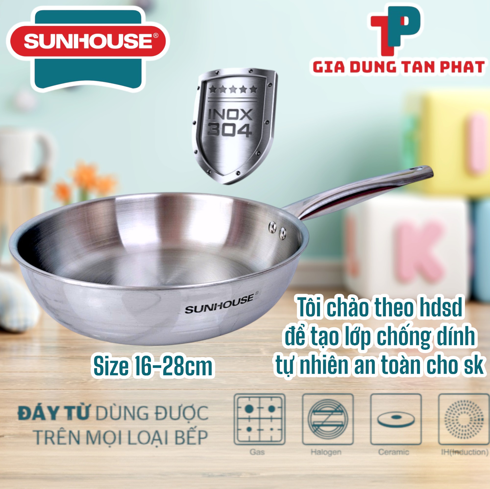 CHẢO INOX 304 Inox nguyên khối đa lớp Sunhouse IN16M6-IN28M6 dùng với mọi loại bếp - chính hãng