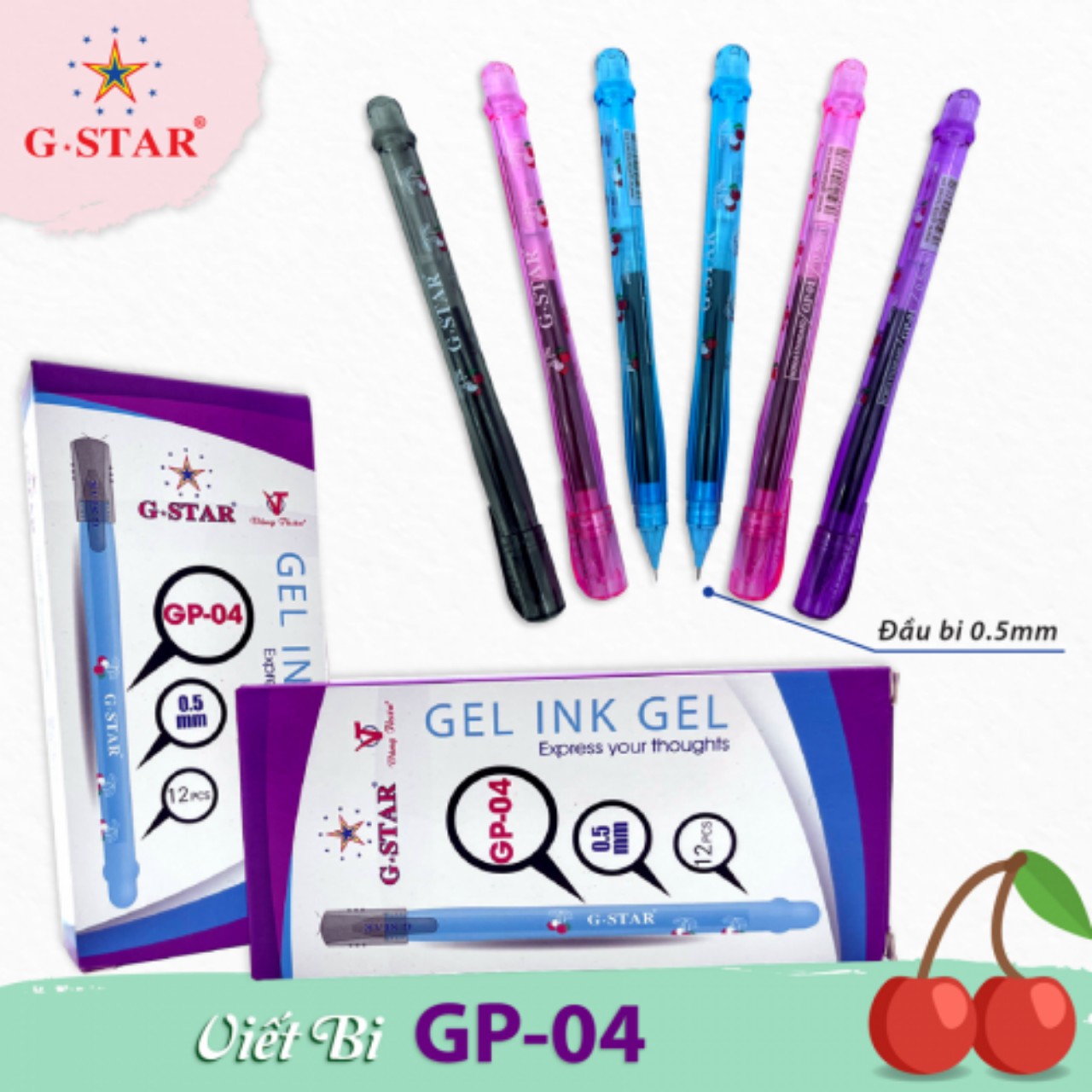 12 CÂY Bút viết gel TÍM  Gstar GP-04 đầu bi 0.5mm nét đều không lem không tắt mực