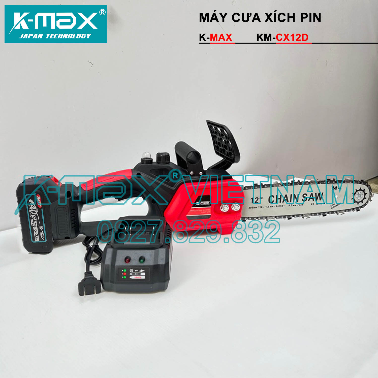 (Cưa xích 12IN) Máy Cưa xích Chính hãng KM-CX12D Công suất 2000w Pin chịu tải 65A Dùng chân pin Makita Công Suất Lớn đường kính cắt 12 inch