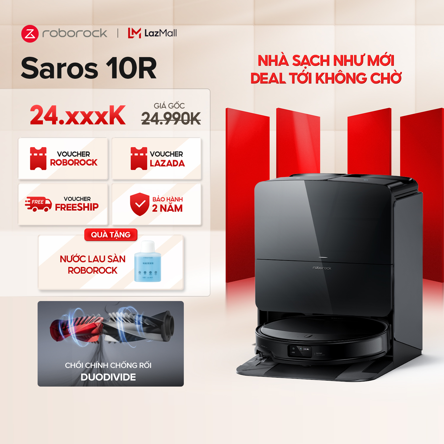 Robot hút bụi lau nhà Roborock Saros 10R - Đen, Kích thước 350x353x79.8mm, Dung lượng 2.5L