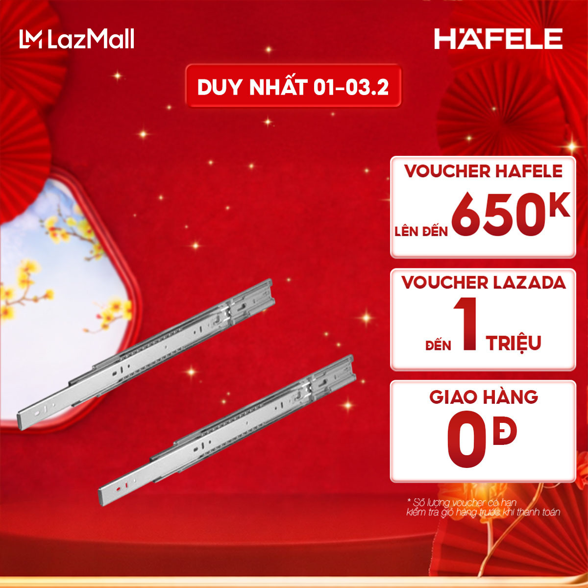 Cặp Thanh Ray Bi 3 Tầng Giảm Chấn Hafele