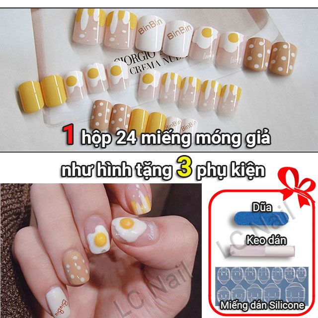 Móng Tay Giả Có Keo R009 Trứng Ốp La Cho Học Sinh - 24 Miếng Móng Giả Tặng Dũa + Miếng Dán Silicon - Lc Nail