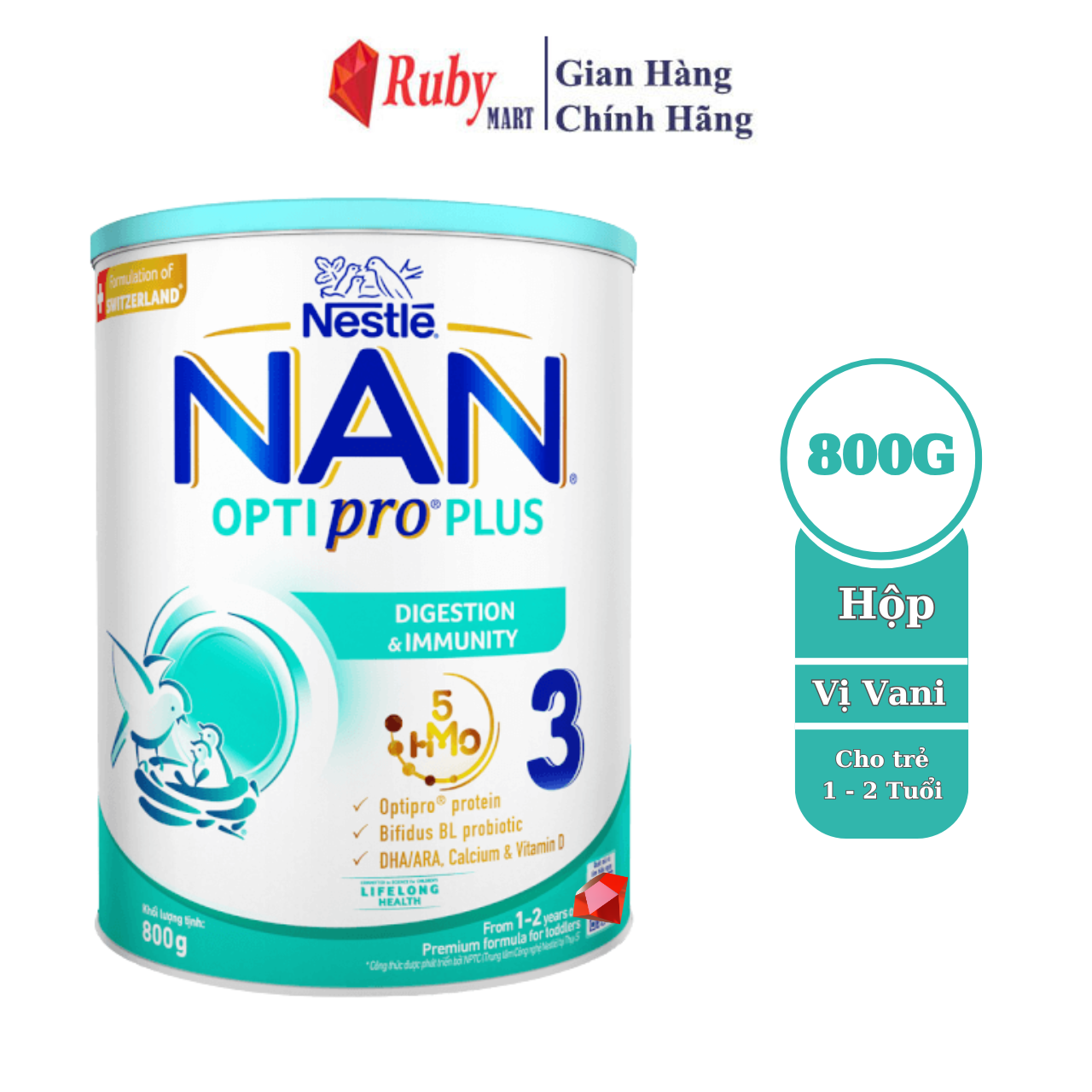 Sữa bột Nestlé NAN OPTIPRO PLUS 3 800g/lon với 5HMO Giúp tiêu hóa tốt + Tăng cường đề kháng