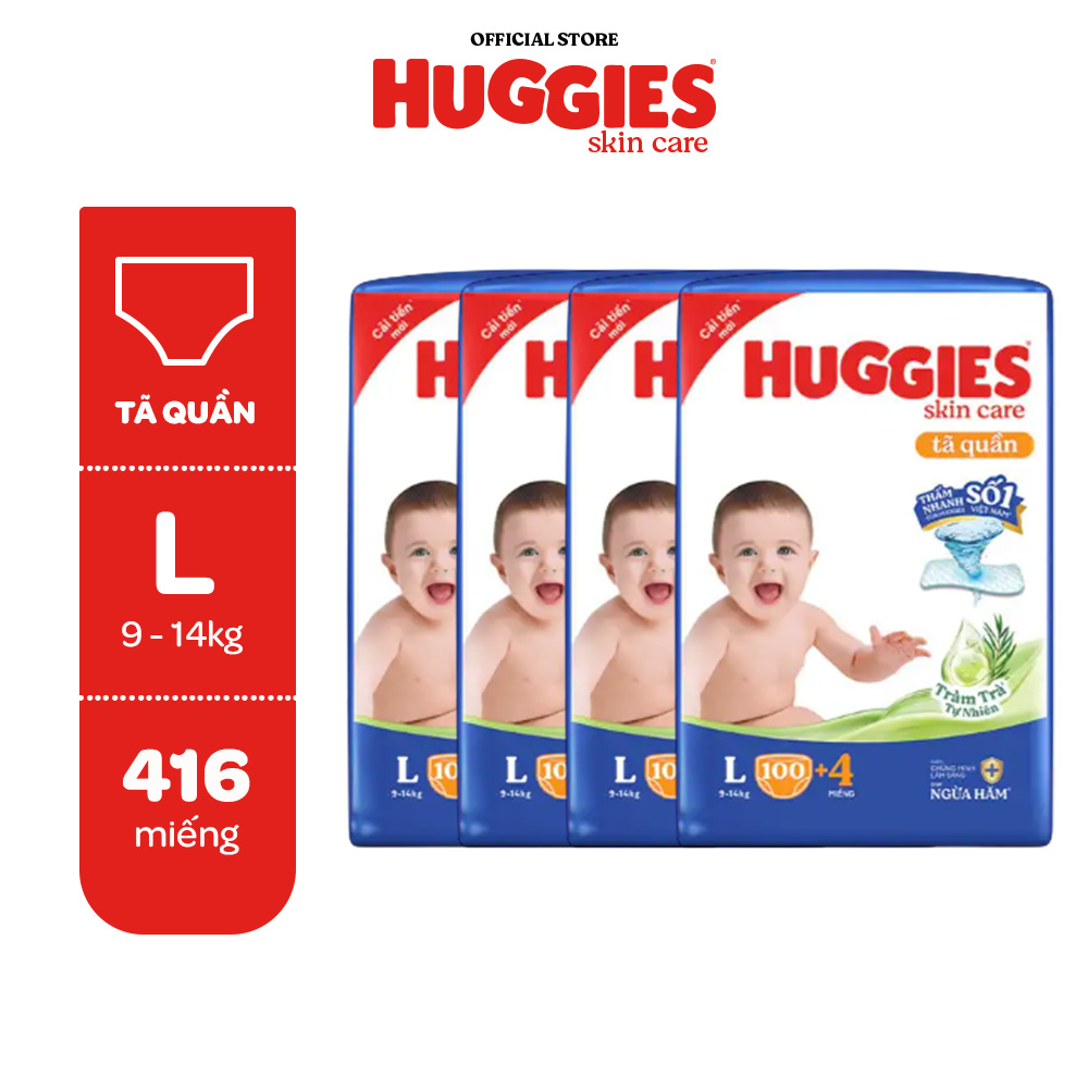 Combo 4 Tã/bỉm quần Huggies Skin Care Mega Jumbo M102/L100/XL84/XXL76 +4 miếng với tràm trà dịu da