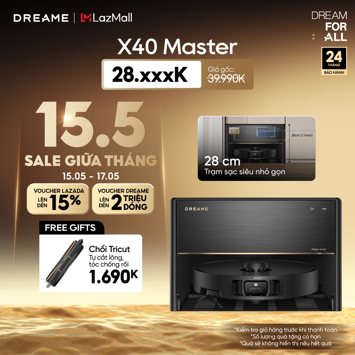 Robot hút bụi lau sàn thông minh Dreame X50 Master - Kích thước 350x350x89mm, Dung lượng 0.395L