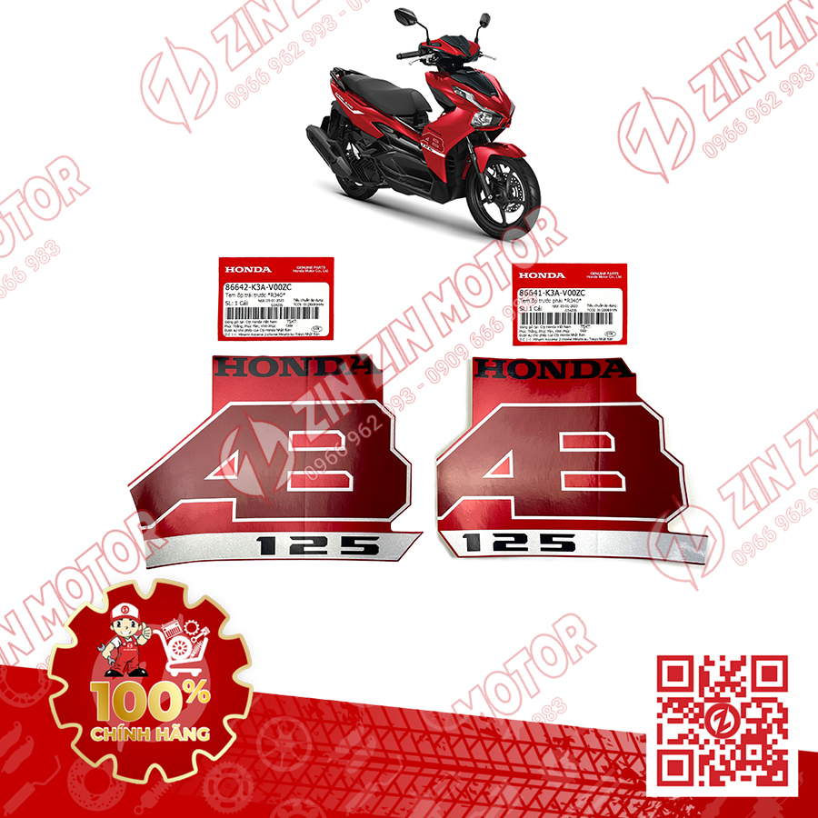 Tem Chữ AB Dán Ốp Yếm Trước Air Blade 125 2022+ Trái Phải 86642-K3A-V00ZC 86641-K3A-V10ZA Chính Hãng