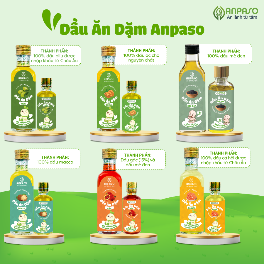 Dầu Ăn Dặm Cho Bé Anpaso - Dầu OIiu Óc Chó Cá Hồi Mè Đen Gấc Macca 50ml & 100ml