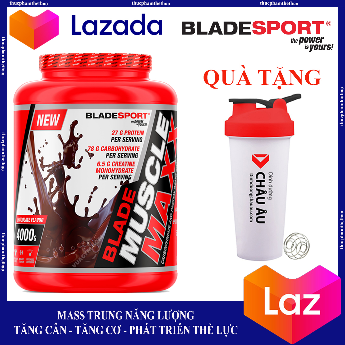 Sữa Tăng Cân Tăng Cơ Muscle Maxx 4000G - Tặng Bình Lắc Lò Xo - [Mass Trung Năng Lượng - Tăng Cân - Tăng Cơ Vuột Trội]