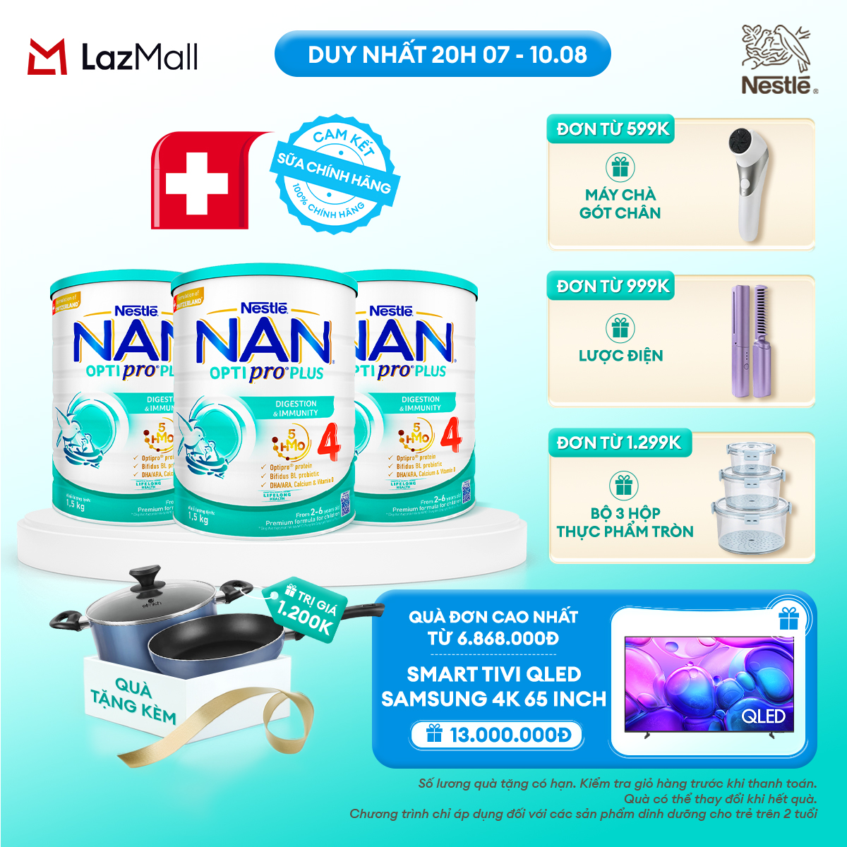 [CHỈ 20H 07-10.08 QT ĐƠN 599K/999K/1299K] [Tặng Set Nồi Chảo Elmich] Bộ 3 lon Sữa Bột Nestlé NAN OPTIPRO PLUS 4 1500g Cho Bé 2 - 6 Tuổi: Công Thức Độc Quyền Nhập Khẩu Từ Thụy Sỹ Chứa Phức Hợp 5-HMO