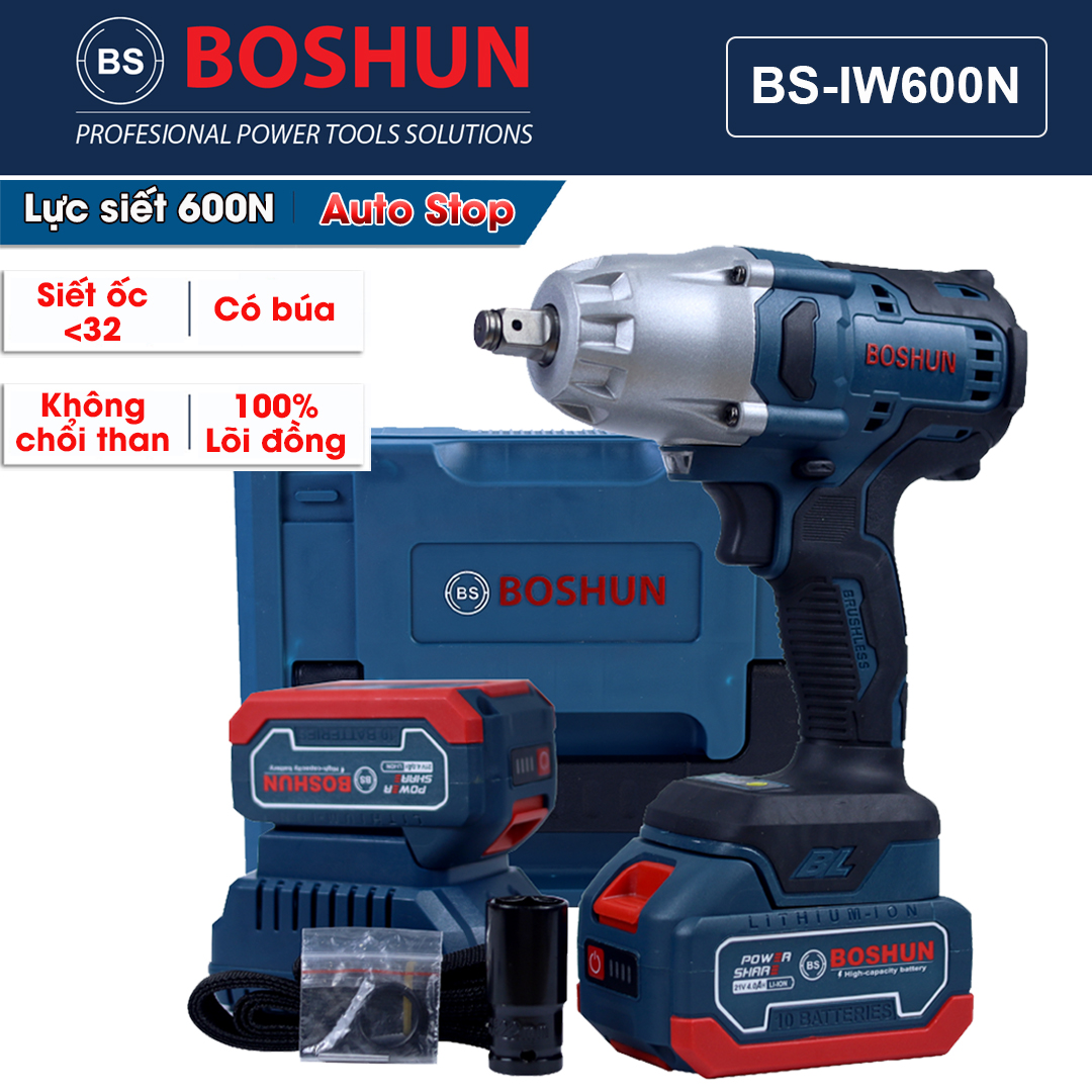 Máy siết bulong BOSHUN BS-IW600N Lực búa siết 600N MỞ ỐC Ô TÔ TẢI DỄ DÀNG bảo hành chính hãng Boshun