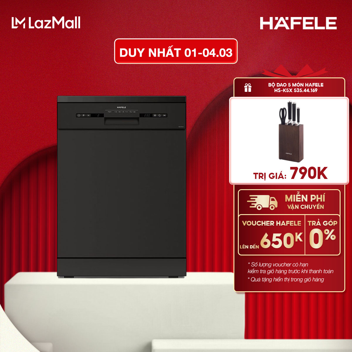 Máy rửa bát độc lập Hafele HDW-F601B - 14 bộ, màu đen, kích thước 597x775x601mm