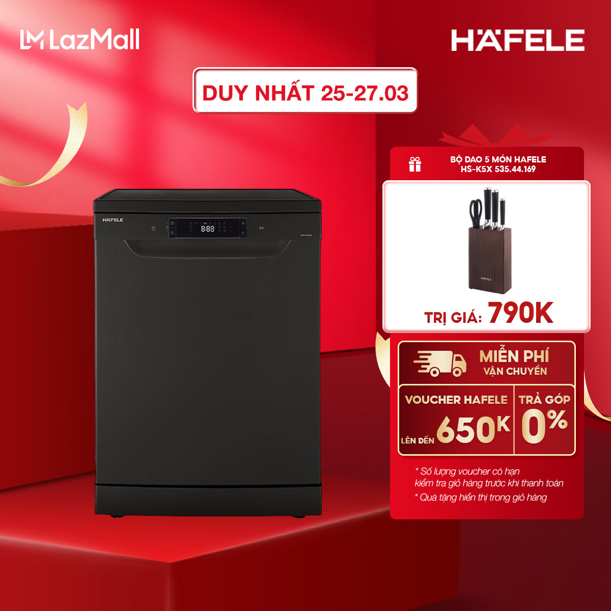 Máy rửa chén độc lập Hafele HDW-F602EB - 14 bộ, màu đen, kích thước 598x845x610mm