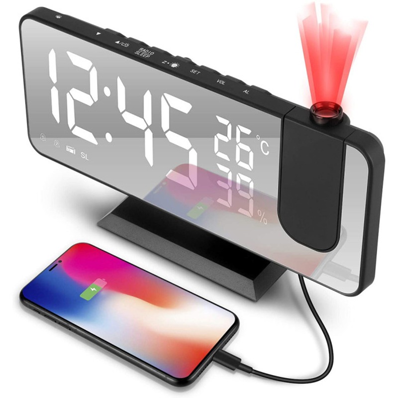 Đồng hồ để bàn kỹ thuật số phản chiếu đèn led trên tường nhiều chức năng báo nhiệt độ độ ẩm báo thức sạc pin radio FM