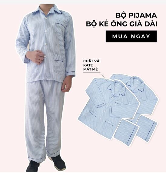 Bộ Pijama nam set đồ ngủ dài tay thu đông kẻ ông già vải đẹp - Quần áo mặc nhà nam trung niên hàng loại 1