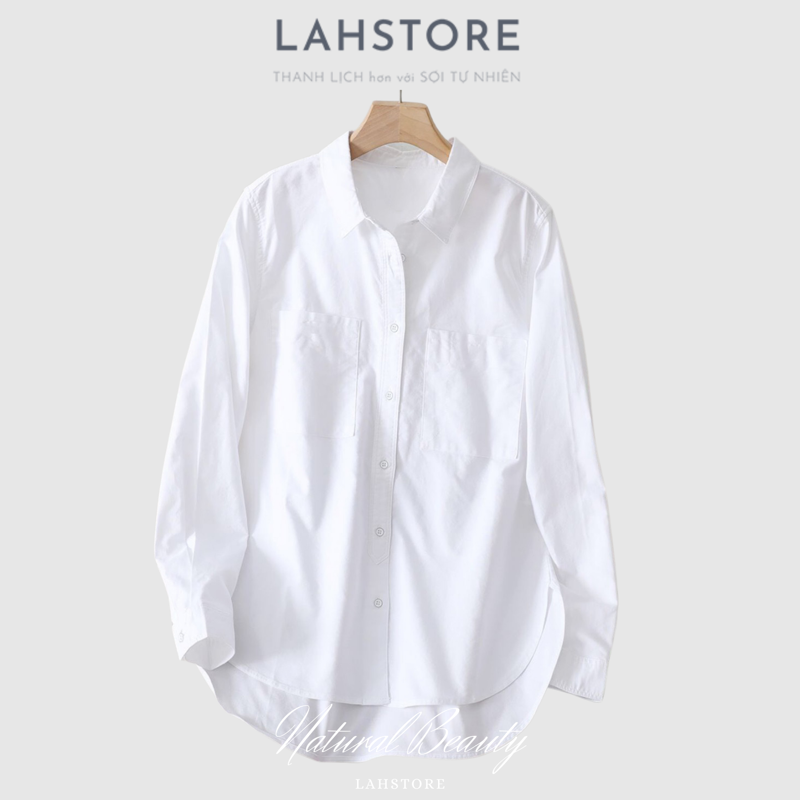 Áo sơ mi nữ form rộng tay dài vải thô cotton cao cấp cổ đức 2 túi ngực - LAHSTORE Linen Shirt (Trắng Ngà)