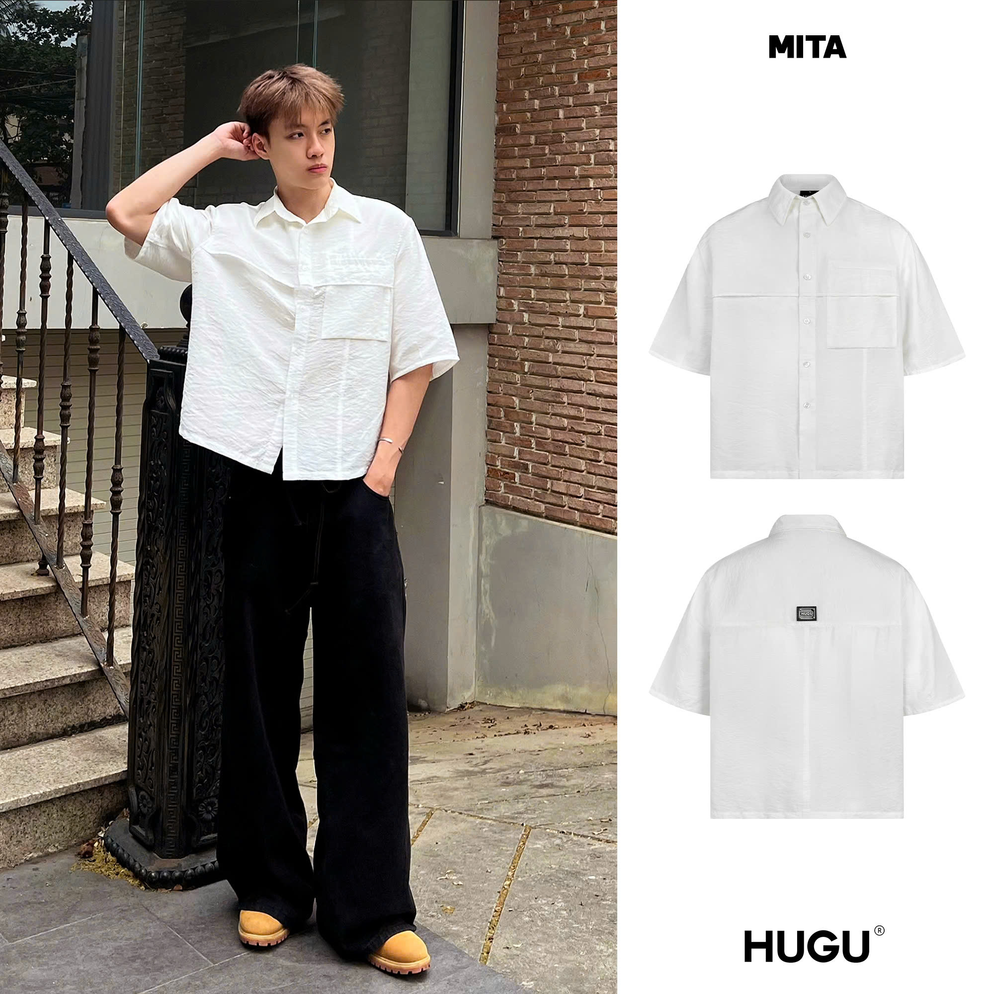 Áo sơ mi boxy local brand HUGU - MITA - sơ mi ngắn tay dáng boxy đính logo kim loại mặt sau túi áo b