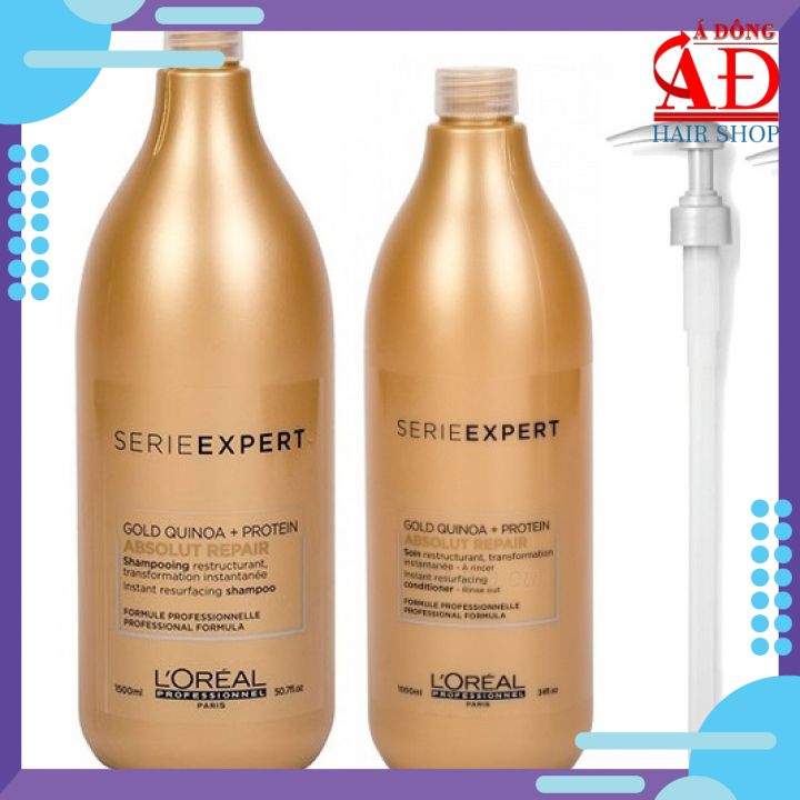 [Loreal Chính Hãng] Bộ Dầu Gội Xả Loreal Serie Expert Gold Quinoa Protein Absolut Repair Phục Hồi Tóc Hư Tổn Chuyên Nghiệp Salon Spain 1500Ml/1000Ml