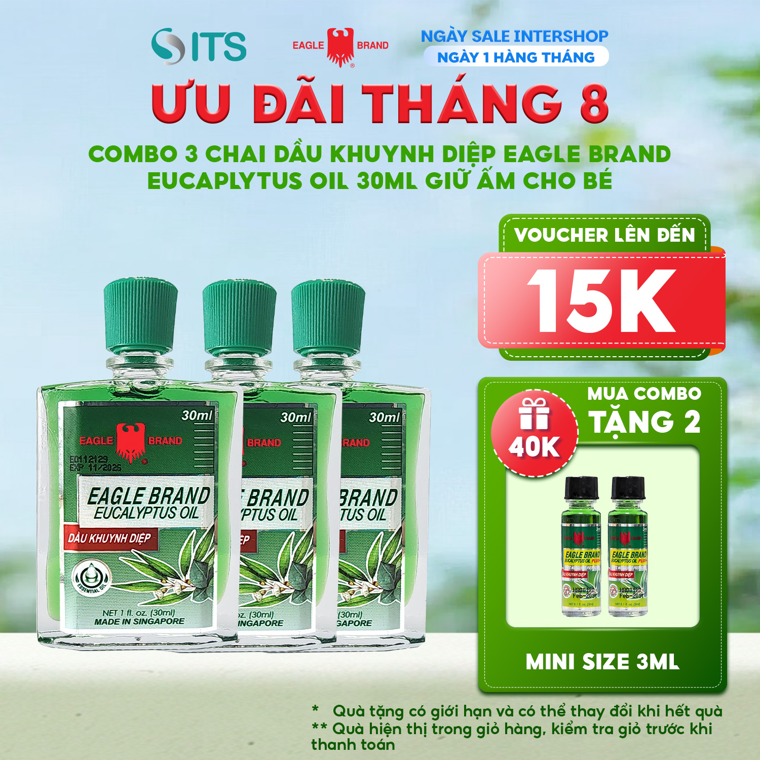 Combo 3 chai Dầu Khuynh Diệp Eagle Brand Eucalyptus Oil 30ml giữ ấm cho bé EB0029